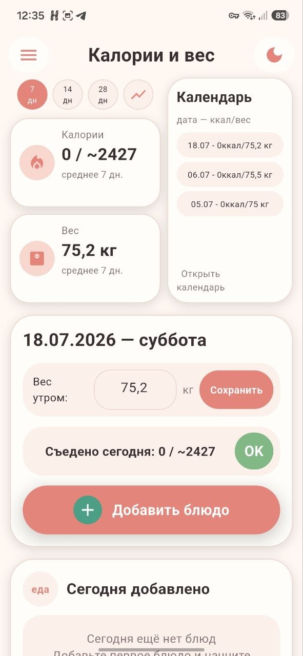 Главный экран Polytalia со сводкой калорий и веса